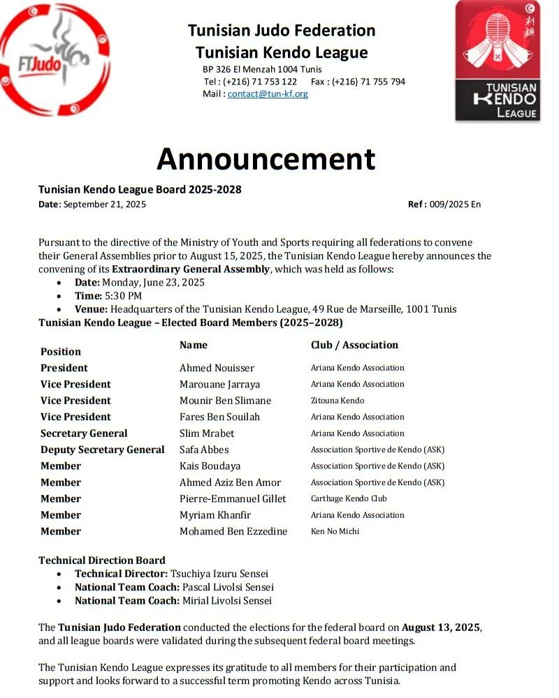Tunisian Kendo League — New Board (2025–2028)